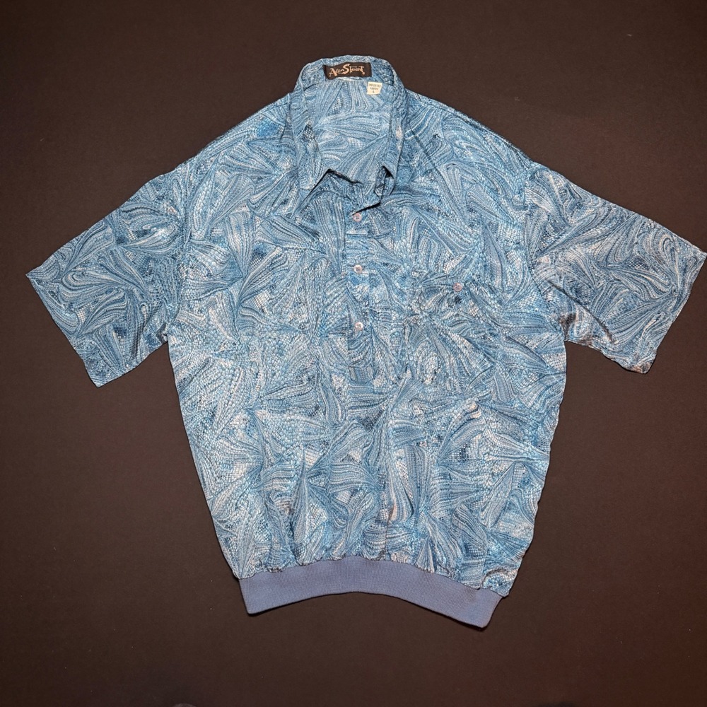 VTG Alan Stuart Polo Shirt Mens Large Blue Shiney Marbled Snake Print Banded Mob - Picture 12 of 14